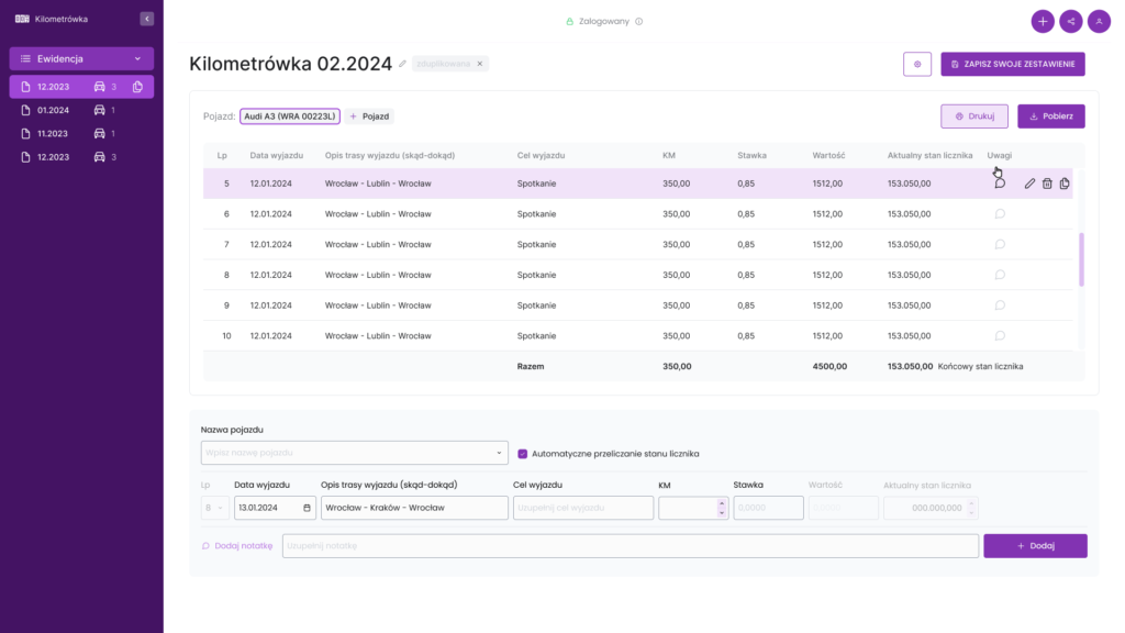 Program do rozliczania kilometrówki online - stawki obowiązujące w 2024